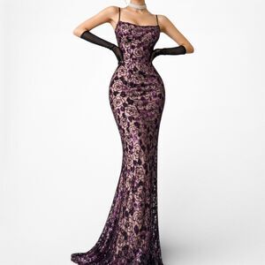 Vintage Purple Floral Lace Velvet Mesh Bodycon Maxi Cocktail Formal Dress Size S